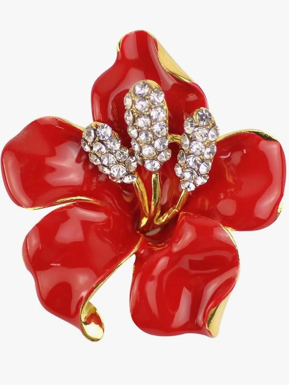 Anthropologie Red Enamel Floral Brooch with Crystal Accents